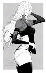  1girl a2_(nier:automata) armlet ass black_armlet black_dress black_panties black_shirt black_thighhighs border breasts dress grey_background greyscale hair_between_eyes hair_over_shoulder hand_on_own_head highres jewelry lipgloss long_hair long_sleeves looking_at_viewer medium_breasts messy_hair midriff midriff_peek monochrome narrow_waist nier:automata nier_(series) nishiii26miii no_pants outside_border panties profile see-through_clothes see-through_shirt shirt simple_background solo star_(symbol) star_print thighhighs thighs torn_clothes torn_dress twitter_username underwear white_border white_hair 