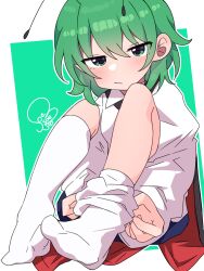  antennae cape facing_viewer green_eyes green_hair highres knees_to_chest knees_up light_frown looking_at_viewer putting_on_legwear shirt simple_background socks soesoe300 touhou white_shirt white_sleeves white_socks wriggle_nightbug 