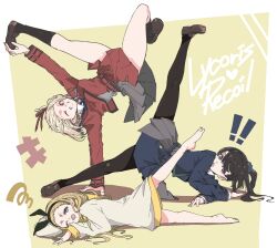  ! !! 3girls absurdres barefoot black_hair black_hairband black_outline black_pantyhose black_socks blonde_hair blue_dress blush border bow_hairband breakdance brown_dress brown_hair brown_shoes closed_mouth dress english_text feet forehead grey_dress grey_eyes grin hair_ribbon hairband hand_up handstand highres hood hood_down inoue_takina kneehighs kurumi_(lycoris_recoil) leg_lift legs loafers long_hoodie long_sleeves looking_at_viewer lycoris_recoil lycoris_uniform multiple_girls nishikigi_chisato one_arm_handstand one_eye_closed outline outside_border pantyhose panyatteria pleated_dress ponytail purple_eyes red_dress red_eyes red_ribbon ribbon shoes short_hair smile socks thighs toes white_border yellow_background 