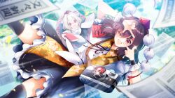  2girls animal_ears armband azuma_aya black_skirt black_thighhighs blurry book brown_hair bunbunmaru camera commentary_request depth_of_field detached_sleeves game_cg glint grey_hair hat highres holding holding_book inubashiri_momiji leaf_print looking_at_viewer multiple_girls newspaper official_art one_eye_closed open_mouth outdoors pom_pom_(clothes) red_armband red_eyes red_hat red_skirt shameimaru_aya shirt skirt smile thighhighs third-party_source tokin_hat touhou touhou_danmaku_kagura two-tone_shirt white_shirt wolf_ears 