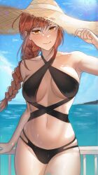  1girl armpits aztriel bikini black_bikini braid braided_ponytail chainsaw_man dappled_sunlight female_focus hat highres long_bangs long_hair looking_at_viewer makima_(chainsaw_man) ocean ponytail red_hair solo starbights straw_hat sunlight swimsuit yellow_eyes  rating:Sensitive score:32 user:Crazy-Ant