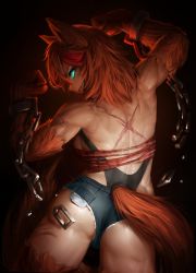 1girl absurdres animal_ears ass back backboob blue_eyes breasts buffpup_(vtuber) chain cowboy_shot cuffs denim denim_shorts dog_ears dog_girl dog_tail flexing fur highres indie_virtual_youtuber large_breasts looking_at_viewer medium_hair muscular muscular_female numanoan orange_fur orange_hair parted_lips scar shackles short_shorts shorts smirk solo tail teeth torn_clothes virtual_youtuber rating:Sensitive score:190 user:danbooru
