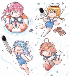  ahoge blonde_hair blue_hair blue_sailor_collar book chibi corrupted_twitter_file fang glasses hair_ornament hair_ribbon hat highres i-168_(kancolle) i-19_(kancolle) i-58_(kancolle) i-8_(kancolle) kantai_collection lifebuoy long_hair low_twintails name_tag neckerchief peaked_cap pink_hair poipoi_purin ponytail red-framed_eyewear ribbon sailor_collar sailor_hat school_swimsuit school_uniform semi-rimless_eyewear serafuku short_hair skin_fang swim_ring swimming swimsuit swimsuit_under_clothes thighhighs torpedo traditional_media tri_tails twintails under-rim_eyewear underwater white_headwear white_legwear |_| ||_|| 