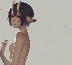  1girl 23i2ko animal_ears black_hair blue_eyes body_freckles breasts deer_ears deer_girl freckles from_side furry grey_background hand_up horns light_frown light_particles looking_at_viewer no_shirt original short_hair simple_background skin-covered_horns 