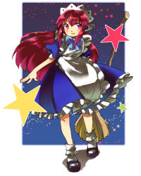  1girl apron bad_id bad_pixiv_id banshiryuu blush broom female_focus hachi_(8bit_canvas) highres long_hair maid maid_apron maid_headdress mary_janes open_mouth red_eyes red_hair seihou shoes smile solo star_(symbol) touhou vivit vivit-r 