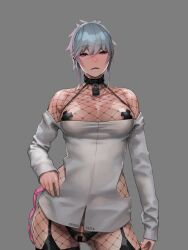  bar_censor black_panties black_pasties bodystocking breasts censored cowboy_shot crotchless crotchless_panties fishnet_bodystocking fishnets grey_background grey_hair highres kanna_minamisogi large_breasts nipples off-shoulder_shirt off_shoulder original panties pussy shirt simple_background underwear white_shirt white_yoke 