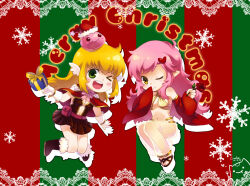  2girls :3 bikini blonde_hair boots breasts brown_boots brown_dress brown_sandals cape chibi chibi_only christmas commentary_request creator_(ragnarok_online) crodire detached_sleeves dress flower full_body fur-trimmed_boots fur_trim gift gloves green_background green_eyes gypsy_(ragnarok_online) hair_ornament harem_pants hat head_wings heart heart_hair_ornament holding holding_flower long_hair looking_at_viewer medium_breasts merry_christmas multiple_girls one_eye_closed open_mouth pants pink_hair plunging_neckline poring ragnarok_online red_background red_cape red_flower red_hat red_rose red_sleeves rose sandals santa_hat see-through_clothes see-through_pants short_dress slime_(creature) smile strapless strapless_dress swimsuit white_gloves white_pants white_wings wings yellow_bikini yellow_eyes 