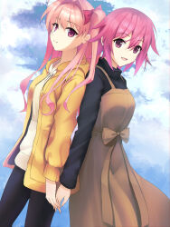  2girls antenna_hair black_dress black_leggings bow breasts chaos;child chaos;head check_clothing clothing_request dress glazearty hair_ribbon highres holding_hands hood hoodie in-franchise_crossover jacket leggings long_hair long_sleeves looking_at_viewer medium_breasts multiple_girls one_side_up onoe_serika open_clothes open_jacket open_mouth pink_eyes pink_hair ribbon sakihata_rimi short_hair_with_long_locks sidelocks skirt smile tongue white_hoodie yellow_jacket 