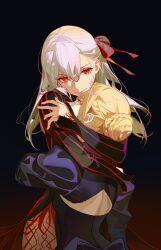  2girls absurdres artoria_pendragon_(fate) back_cutout black_dress blonde_hair cherrymaru closed_mouth clothing_cutout dark_sakura dress fate/stay_night fate_(series) hair_between_eyes hair_bun heaven&#039;s_feel highres hug long_hair matou_sakura multiple_girls saber_alter single_side_bun smile upper_body white_hair yellow_eyes 