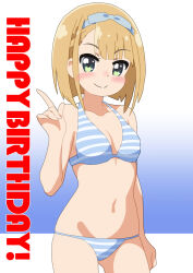  1girl 22/7 arm_at_side bikini blonde_hair blue_background blue_bikini blue_bow blue_hairband blush bob_cut bow breasts cleavage closed_mouth collarbone cowboy_shot finger_gun green_eyes hairband hand_up happy_birthday inverted_bob looking_at_viewer mizusaki_johnko navel saito_nicole short_hair smile solo standing striped_bikini striped_clothes swimsuit 