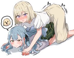  2girls bang_dream! bang_dream!_it&#039;s_mygo!!!!! black_ribbon blonde_hair blue_hair blush closed_mouth commentary_request dry_humping green_skirt grey_jacket hair_ribbon haneoka_school_uniform highres holding_hands humping jacket long_hair medium_hair misumi_uika multiple_girls na_bia open_mouth plaid_clothes plaid_skirt pleated_skirt purple_eyes ribbon school_uniform shirt short_sleeves simple_background skirt spoken_animal sweat sweatdrop togawa_sakiko two_side_up white_background white_shirt yellow_eyes yellow_skirt yuri 