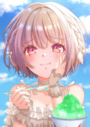  1girl :t absurdres asaba_touka bare_shoulders blonde_hair blue_sky blunt_bangs blurry blush braid brain_freeze breasts choker cleavage closed_mouth collarbone commentary_request day depth_of_field eating eyelashes eyes_visible_through_hair food frilled_shirt frills furrowed_brow glint hand_on_own_cheek hand_on_own_face hands_up heaven_burns_red highres holding holding_spoon looking_at_viewer off-shoulder_shirt off_shoulder ooshima_muua outdoors partial_commentary red_eyes shaved_ice shirt short_hair side_braids sidelighting skirt sky smile solo spaghetti_strap spoon sweatdrop tareme twin_braids upper_body white_choker white_skirt white_wrist_cuffs wrist_cuffs 