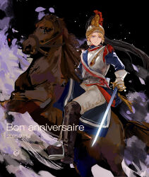  1boy absurdres armor axis_powers_hetalia blonde_hair blue_eyes boots bow breastplate brown_horse cavalry cubed_(houkuaid) dated epaulettes facial_hair france_(hetalia) french_army french_text full_body gloves goatee_stubble hair_bow helm helmet highres holding holding_sword holding_weapon horse horseback_riding jacket looking_at_viewer male_focus military_jacket military_uniform open_mouth pants plume rapier rearing reins riding sash sitting smile solo stirrups_(riding) stubble sword weapon 