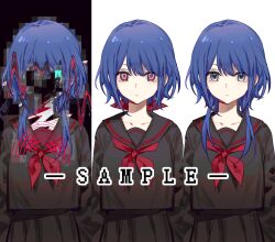  1girl black_background black_sailor_collar black_serafuku black_shirt black_skirt blue_hair bow cardiogram censored censored_identity character_request chinese_commentary closed_mouth collarbone commentary_request copyright_request cowboy_shot dot_nose expressionless glitch hair_bow highres kitakawayui long_sleeves looking_at_viewer neckerchief pleated_skirt purple_eyes red_bow red_neckerchief red_pupils sailor_collar sample_watermark school_uniform serafuku shirt short_hair short_hair_with_long_locks skirt skirt_set straight-on two-tone_background variations watermark white_background 