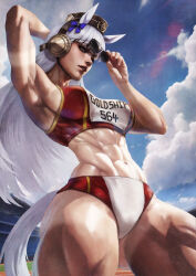  1girl abs absurdres animal_ears arm_behind_head arm_up armpits bow buruma character_name ear_bow ear_covers gold_ship_(umamusume) highres horse_ears horse_girl horse_tail monori_rogue muscular muscular_female navel parted_lips pillbox_hat realistic removing_eyewear running_track solo stomach sunglasses tail thighs track_uniform umamusume white_hair 