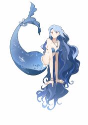  1girl :o absurdly_long_hair absurdres bare_arms bare_shoulders bead_bracelet beads bikini blue_bikini blue_hair bracelet breasts cleavage collarbone earrings expressionless full_body grey_eyes highres jewelry long_hair looking_at_viewer mermaid mermaid_melody_pichi_pichi_pitch monster_girl morgue_(southsakura) navel necklace noel_(mermaid_melody_pichi_pichi_pitch) parted_lips shell shell_bikini shell_necklace simple_background solo stomach strapless strapless_bikini swept_bangs swimsuit tail tail_ornament tail_ring very_long_hair wavy_hair white_background 