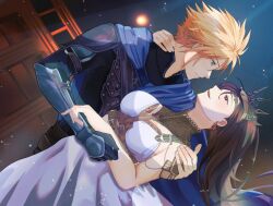  1boy 1girl arm_guards black_jacket blonde_hair blue_cape blue_eyes breasts cape cloud_strife cloud_strife_(alphreid_costume) commentary cowboy_shot crown dancing dress earrings english_commentary eye_contact final_fantasy final_fantasy_vii final_fantasy_vii_rebirth final_fantasy_vii_remake from_side hand_on_another&#039;s_neck hand_on_another&#039;s_shoulder jacket jewelry lapislazulite large_breasts leaning_back leaning_forward long_hair looking_at_another official_alternate_costume profile red_eyes short_hair sleeveless sleeveless_dress spiked_hair tiara tifa_lockhart tifa_lockhart_(loveless_dress) white_dress 