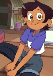  1girl brown_eyes brown_hair closed_mouth coffee_mug commentary cup dark-skinned_female dark_skin earrings english_commentary flat_chest highres indoors jacket jewelry leggings_under_shorts luz_noceda mug newguy1091 on_floor pantyhose short_hair shorts sitting smile teabag the_owl_house treasure_chest very_short_hair 