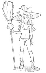  1girl :d asakura_maru bikini bow broom commentary_request full_body hat hat_bow high_contrast highres holding holding_broom kirisame_marisa large_hat looking_at_viewer monochrome navel open_mouth side-tie_bikini_bottom simple_background sketch smile solo standing swimsuit thighs touhou white_background witch witch_hat 
