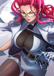  1girl belt black_necktie breasts coat coat_on_shoulders crimson_viper earrings electricity ema_(emaura) huge_breasts jewelry necktie necktie_aside pantyhose skirt solo street_fighter street_fighter_6 sunglasses thigh_strap tinted_eyewear triangle_earrings white_coat white_skirt yellow-tinted_eyewear 