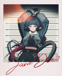  1girl a4210582001 absurdres animal_ears arms_up black_hair blunt_bangs breasts character_signature cleavage cuffs earrings fingerless_gloves fur-trimmed_jacket fur_trim gloves gradient_hair grey_eyes grey_jacket handcuffs height_mark highres jacket jane_doe_(zenless_zone_zero) jewelry large_breasts long_hair looking_at_viewer midriff mouse_ears mouse_girl mouse_tail mugshot multicolored_hair necktie notched_ear photo_(object) polaroid_photo red_hair red_nails shorts single_leg_pantyhose single_thighhigh smile solo tail thick_thighs thighhighs thighs zenless_zone_zero  rating:General score:13 user:Menace5