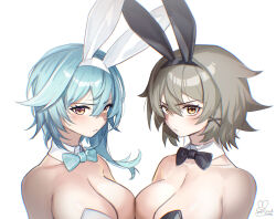  2girls :t animal_ears animal_hair_ornament bare_shoulders black_bow black_bowtie blue_bow blue_bowtie blue_hair bow bowtie breast_press breasts caesar_king_(zenless_zone_zero) closed_mouth detached_collar eula_(genshin_impact) genshin_impact grey_hair hair_between_eyes highres large_breasts leotard looking_at_viewer medium_hair mihoyo multiple_girls rabbit_ears satou_rina siriuflong strapless strapless_leotard symmetrical_docking upper_body white_background yellow_eyes yuri zenless_zone_zero 