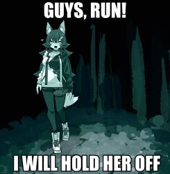  1girl animal_ear_fluff animal_ears breasts choker fang guys_run!_i_will_hold_her_off_(meme) hair_between_eyes hair_ornament hairclip heart highres hololive hood hoodie hosoi_kouzou image_macro_(meme) impact_(font) long_hair long_sleeves looking_at_viewer meme monochrome official_alternate_costume ookami_mio ookami_mio_(casual) open_mouth pantyhose pov solo spoken_heart tail virtual_youtuber wolf_ears wolf_girl wolf_tail 