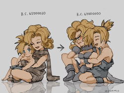  1boy 1girl age_difference age_progression aged_down arrow_(symbol) ayla_(chrono_trigger) barefoot blonde_hair blue_eyes blush boots breasts chrono_trigger cleavage closed_eyes commentary_request couple curly_hair embarrassed full_body fur_(clothing) fur_anklet fur_boots fur_wrist_cuffs grey_background head_rest high_ponytail highres hug hug_from_behind indian_style kino_(chrono_trigger) long_hair medium_breasts medium_hair open_mouth parted_lips ponytail scarf sitting sitting_on_lap sitting_on_person smile spiked_hair tears three_quarter_view twitter_username uzutanco wrist_cuffs 