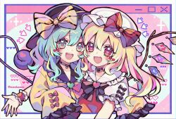  2girls :d black_bow black_bowtie black_choker black_hat blonde_hair bow bowtie choker collarbone commentary cursor double-parted_bangs fang flandre_scarlet frilled_sleeves frills green_eyes green_hair hair_between_eyes hat hat_bow heart heart-shaped_pupils heart_choker heart_in_eye komeiji_koishi kyouda_suzuka long_hair long_sleeves looking_at_viewer mob_cap multiple_girls open_mouth puff_and_slash_sleeves puffy_sleeves red_bow red_bowtie red_eyes shirt simple_background skin_fang sleeves_past_fingers sleeves_past_wrists smile striped_bow symbol-shaped_pupils symbol_in_eye teeth third_eye touhou twitter_username upper_body upper_teeth_only v-shaped_eyebrows white_background white_hat white_shirt window_(computing) wrist_cuffs yellow_bow yellow_shirt 