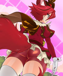 10s 1girl animal_ears ass bike_shorts cape choker closed_mouth cure_chocolat dog_ears dog_tail dutch_angle earrings extra_ears eyes_visible_through_hair female_focus from_behind from_below gloves hat highres jewelry kenjou_akira kirakira_precure_a_la_mode magical_girl nurugamer-kouyouju outdoors precure puffy_sleeves red_eyes red_hair shiny_skin short_hair shorts shorts_under_skirt skirt smile solo standing tail thighhighs thighs tree white_gloves rating:Sensitive score:23 user:danbooru