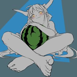 1girl bare_legs barefoot blue_background blush bow closed_mouth commentary_request feet food from_below fruit grey_background hair_bow highres holding holding_food holding_fruit horns ibuki_suika indian_style limited_palette long_hair monochrome orange_eyes shiroi_karasu sidelocks sitting sketch skirt smile solo toes touhou unfinished very_long_hair watermelon 
