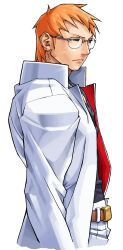 1boy absurdres black_sweater cropped_legs edaki_shin&#039;ya from_side gakuran game_cg glasses highres jacket justice_gakuen kagami_kyousuke male_focus moero!_justice_gakuen non-web_source official_art open_clothes open_jacket orange_hair school_uniform shoes short_hair simple_background sneakers solo sweater v-neck white_background white_gakuran 