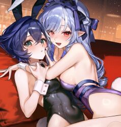  2girls alternate_costume animal_ear_hairband animal_ears backless_leotard bare_back belle_(zenless_zone_zero) black_leotard black_nails blue_hair blush breasts couch covered_navel detached_collar fake_animal_ears green_eyes hairband highres large_breasts leotard looking_at_viewer medium_breasts multiple_girls on_couch open_mouth parted_lips playboy_bunny pointy_ears purple_hair purple_leotard rabbit_ear_hairband rabbit_ears red_eyes smilesmile1312 vivian_banshee wrist_cuffs yuri zenless_zone_zero 