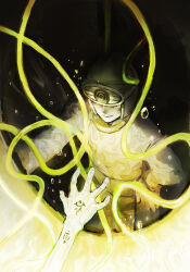  1boy air_bubble black_background bubble glowing grin hand_on_own_hip hand_tattoo hat hat_over_eyes horocca kaze_no_tani_no_nausicaa long_sleeves male_focus namulith parted_lips smile tattoo tentacles tunic 
