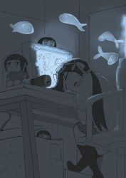  1girl absurdres can chair character_doll closed_eyes drink_can efne energy_drink fish fish_hair_ornament fumo_(doll) glasses greyscale hair_ornament head_on_table highres indoors monitor monochrome office_chair open_mouth shimeji_simulation sitting skirt sleeping socks solo spot_color swivel_chair tsukishima_shijima&#039;s_sister twintails 