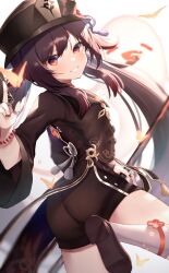11marin 1girl ass bead_bracelet beads black_nails boo_tao_(genshin_impact) bracelet brown_coat brown_footwear brown_hair brown_headwear brown_shorts coat coattails genshin_impact ghost grin hat_tassel highres holding holding_polearm holding_weapon hu_tao_(genshin_impact) jewelry light_blush long_hair looking_at_viewer looking_back orange_eyes parted_lips polearm shorts simple_background smile socks solo twintails vision_(genshin_impact) weapon white_background white_socks rating:Sensitive score:14 user:danbooru