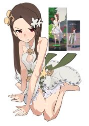  1girl absurdres bare_shoulders barefoot breasts brown_hair ch2haya_p dress flower full_body game_screenshot_inset glaring hair_flower hair_ornament hands_on_ground highres idolmaster idolmaster_(classic) long_hair looking_at_viewer minase_iori red_eyes simple_background sitting sleeveless sleeveless_dress solo white_background white_dress 