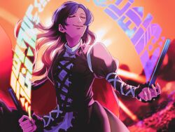  1girl belt black_belt blurry blurry_background cape closed_eyes closed_mouth collared_dress commentary_request cross-laced_clothes cross-laced_dress dress facing_up floating_hair frilled_dress frills gradient_hair hijiri_byakuren hokkai juliet_sleeves long_hair long_sleeves makai_(touhou) multicolored_hair partial_commentary puffy_sleeves raya_(uk_0128) smile solo sorcerer&#039;s_sutra_scroll touhou two-sided_cape two-sided_fabric two-tone_hair wind 