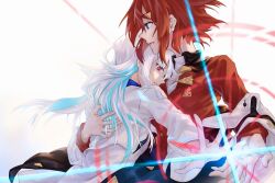  2girls ange_katrina ange_katrina_(1st_costume) black_coat blue_eyes blue_hair cardigan coat coat_partially_removed colored_inner_hair commentary elmida floating_hair gold_necklace hair_ornament hand_on_another&#039;s_back head_on_another&#039;s_shoulder highres hug jewelry lize_helesta lize_helesta_(1st_costume) long_hair long_sleeves medium_hair multicolored_hair multiple_girls necklace nijisanji outstretched_arms parted_lips profile red_cardigan red_eyes red_hair sidelocks spread_fingers triangle_hair_ornament triangle_necklace two-tone_hair upper_body virtual_youtuber white_background white_hair yuri 