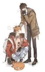  2boys ? alternate_costume cat genshin_impact hamtaru542899 head_pat laughing mors_gn multiple_boys petting petting_animal speech_bubble tartaglia_(genshin_impact) tartali.club white_background winter_clothes yaoi zhongli_(genshin_impact)  rating:General score:0 user:Dwan2227