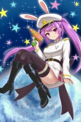  1girl animal_ears beatmania_iidx beatmania_iidx_19_lincle bemani black_boots black_thighhighs boots breasts coat commentary_request energy_gun hat highres large_breasts long_hair looking_at_viewer mizushiro_celica official_alternate_costume planet pop&#039;n_music purple_eyes purple_hair rabbit_ears raimu_(clanberry000) ray_gun skirt solo space thigh_boots thighhighs twintails very_long_hair weapon white_coat white_skirt zettai_ryouiki 