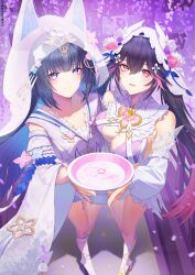  2girls absurdres black_hair blue_hair bowl breasts colored_inner_hair commentary_request detached_sleeves dress from_above high_heels highres holding holding_bowl japanese_clothes jewelry kimono large_breasts long_hair looking_at_viewer looking_up lucia_(pgr) multicolored_hair multiple_girls parted_lips pink_eyes pink_hair punishing:_gray_raven purple_eyes ring selena_(pgr) shiromuku skaven_gongcheng_shushi smile twintails two-tone_hair uchikake wedding_dress 
