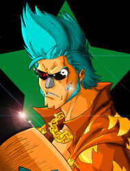  1boy black_eyes blue_hair chain chain_necklace clenched_teeth commentary commentary_request cosplay english_commentary facial_hair franky_(one_piece) glowing glowing_eye hawaiian_shirt italian_commentary jewelry long_sideburns looking_at_viewer male_focus mixed-language_commentary necklace one_piece open_clothes open_shirt shirt short_hair short_sleeves sideburns solo spiked_hair sunglasses t-800 t-800_(cosplay) teeth terminator_(series) the_terminator tursy 