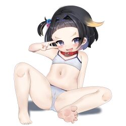  1girl 2024 absurdres barefoot bike_shorts bird blush cameltoe collar highres hunney hunneychu indie_virtual_youtuber loli penguin underwear v virtual_youtuber 