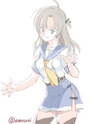  1girl antenna_hair brown_thighhighs commentary_request contrapposto cowboy_shot emuwai green_eyes grey_hair hair_tie kantai_collection kinugasa_(kancolle) kinugasa_kai_ni_(kancolle) medium_hair neckerchief one-hour_drawing_challenge one_side_up pleated_skirt purple_sailor_collar purple_skirt sailor_collar sailor_shirt school_uniform serafuku shirt short_sleeves simple_background skirt solo thighhighs white_background white_neckerchief yellow_neckerchief 