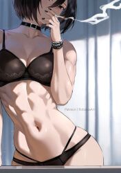  1girl abs black_bra black_hair black_panties bra bracelet cigarette collarbone highres holding holding_cigarette jewelry mikasa_ackerman multiple_bracelets nail_polish panties robusta_mania shingeki_no_kyojin short_hair smoking solo underwear underwear_only  rating:Sensitive score:35 user:danbooru