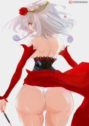  1girl ass ass_focus blue_eyes breasts destiny_(takt_op.) dress female_focus flower green_eyes highres looking_at_viewer looking_back medium_hair paid_reward panties patreon_reward simple_background solo solo_focus takt_op. uncensored underwear white_background white_hair white_panties 