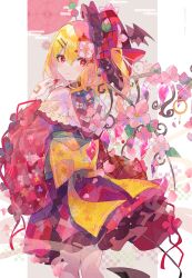  1girl absurdres alternate_costume back_bow blonde_hair bow cherry_blossoms crystal crystal_wings feet_out_of_frame flandre_scarlet floral_print flower flower_symbol from_behind hair_ornament hat hat_ribbon highres japanese_clothes kimono looking_at_viewer looking_back obi petals print_kimono red_eyes red_kimono ribbon sash short_kimono short_yukata side_ponytail simple_background smile solo touhou umemaro_(siona0908) wide_sleeves wings yellow_bow yukata 