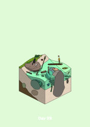 absurdres beach bird boulder cat commentary_request diorama face_down fish gozz green_background highres isometric original shipwreck starfish rating:General score:0 user:danbooru