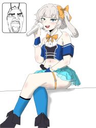  1girl 2025 applecoffcoff asymmetrical_legwear bare_shoulders black_shoes blue_socks blush bow english_text fan_screaming_at_madison_beer_(meme) garters highres indie_virtual_youtuber loli marimari_(vtuber) microphone mismatched_legwear navel shoes side_tail simple_background sitting socks white_background wrist_cuffs 